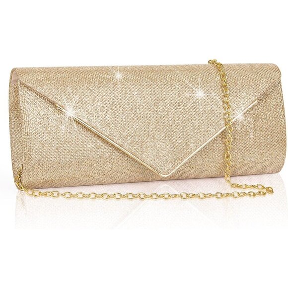 🆕Women Gold Clutch Purses Sparkling Envelope Evening Bag with Detachable Chain - Picture 1 of 7